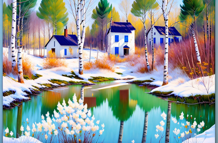 Snowy Landscape Painting with Colorful Trees and Tranquil River