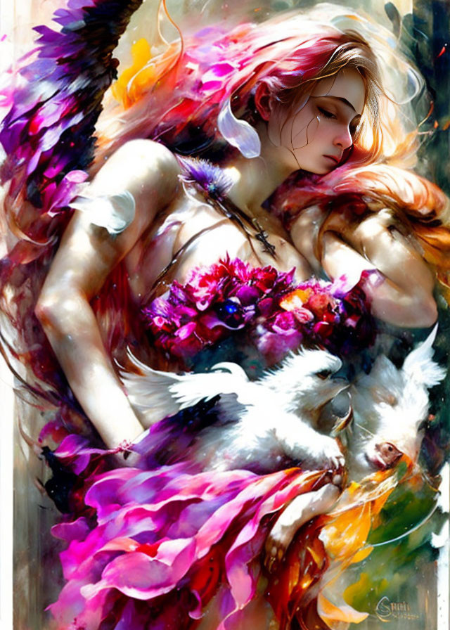 Colorful abstract digital artwork of woman with flowing hair and dreamlike animal