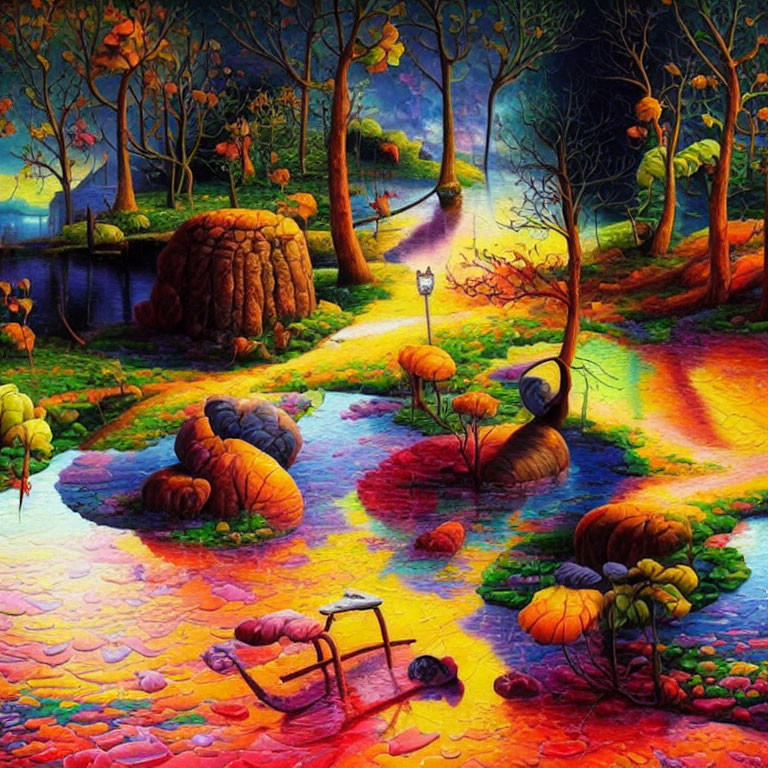 Colorful Fantastical Landscape with Oversized Leaves and Glowing Pathways