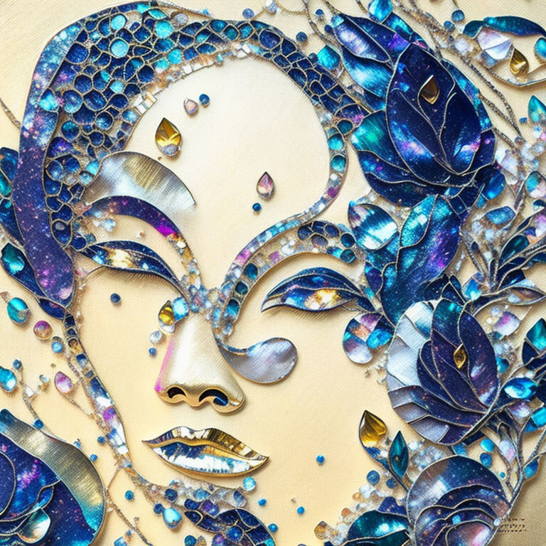 Face adorned with jeweled elements, blue leaves, golden accents on cream background