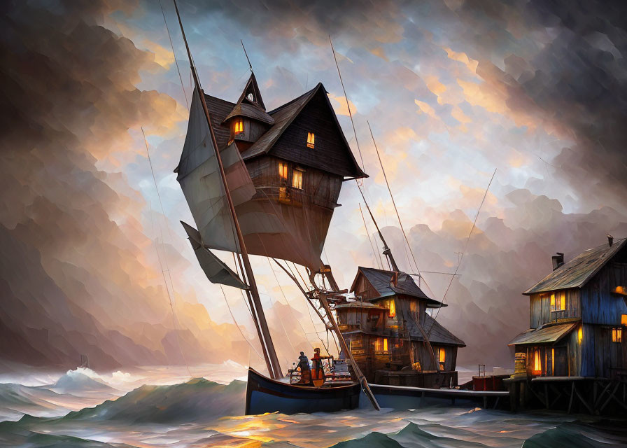 Fantasy Artwork: Ship with House Structure Sailing Near Stilt Houses