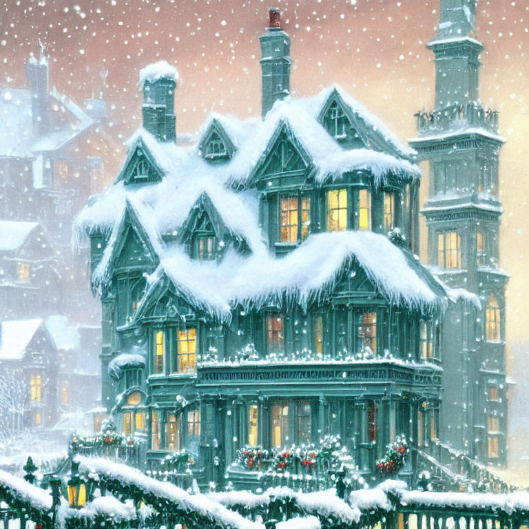 Victorian Style House with Christmas Decorations on Snowy Evening