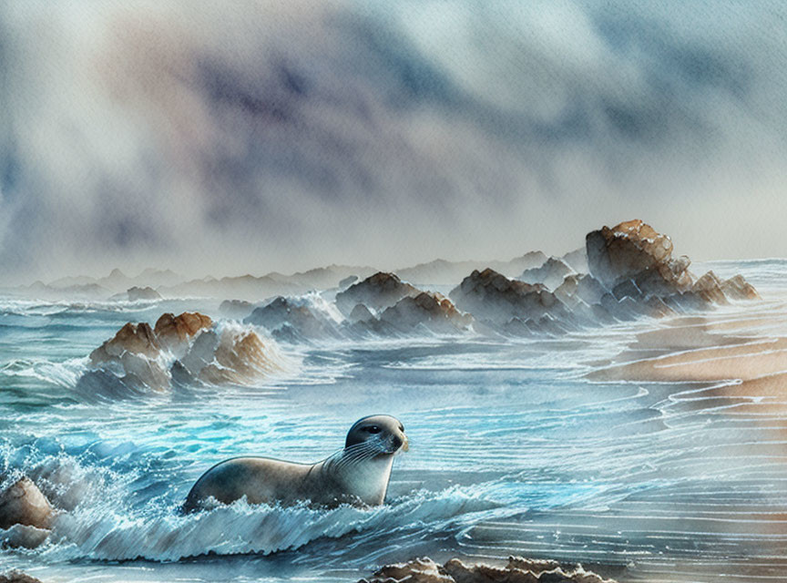 Seal resting on rock in serene watercolor seascape