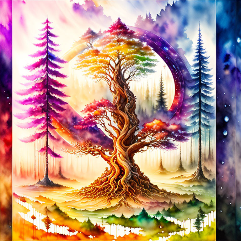 Colorful artwork: Whimsical tree in mystical forest with galaxy background