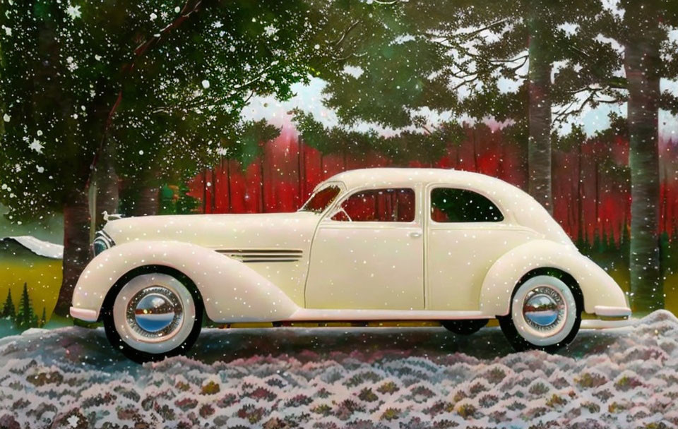 Cream-Colored Vintage Car in Snowy Landscape with Colorful Forest Background