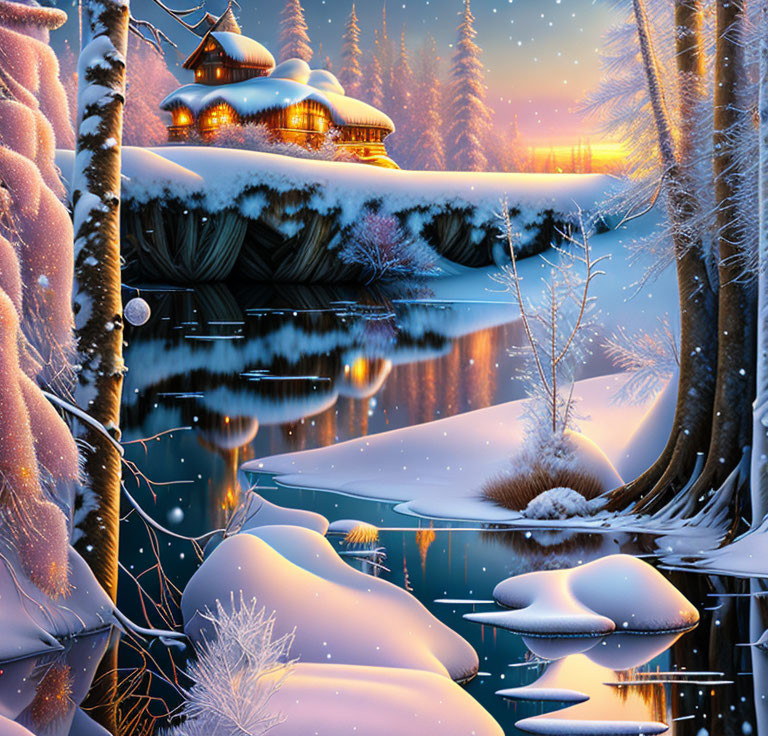 Snowy Dusk Landscape with Cozy Cottage, Frozen River, and Snow-Covered Trees