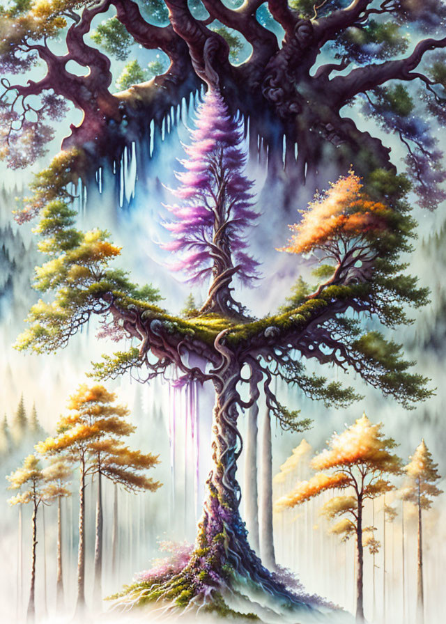 Fantasy painting: Vibrant tree with twisting branches in misty forest