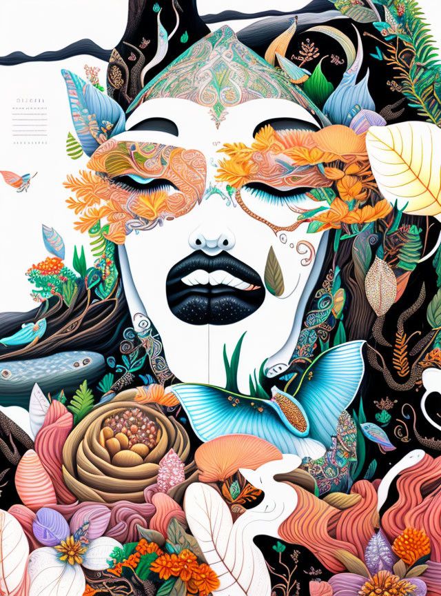 Colorful Woman's Face Illustration with Floral and Fauna Elements