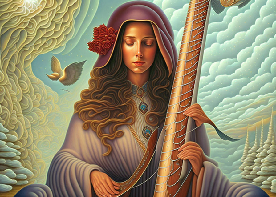 Serene woman playing stringed instrument in dreamlike setting