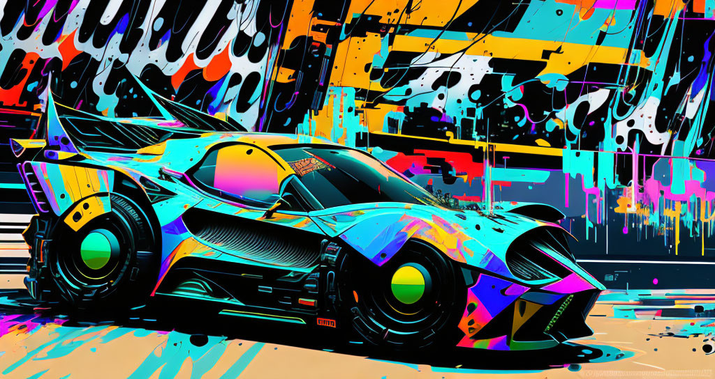 Colorful Abstract Race Car Illustration with Graffiti Backdrop