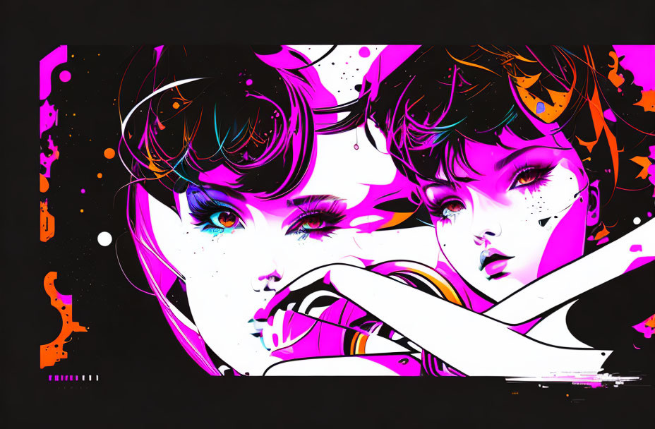 Colorful Abstract Digital Art: Stylized Female Faces on Dynamic Black Background