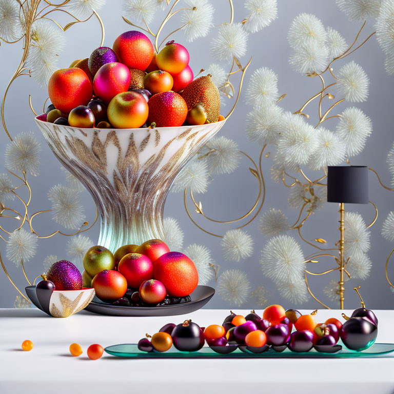 Colorful fruits and flowers in glass vase with stylish lamp on table