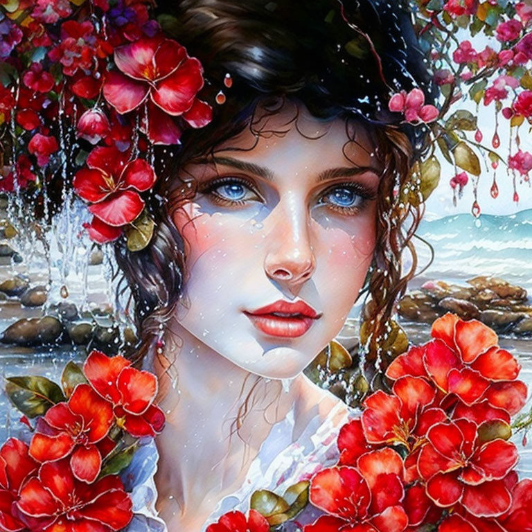 Portrait of Woman with Blue Eyes and Red Flowers in Hair by Rocky Beach and Sea