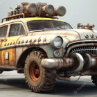 Vintage car adorned with flowers and surfboard, surrounded by festive characters on cloudy beach.