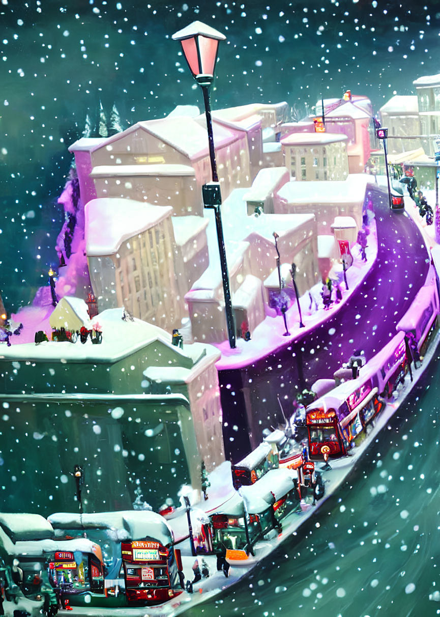 Snowy Vintage Bus Scene with People Walking in Falling Snowflakes