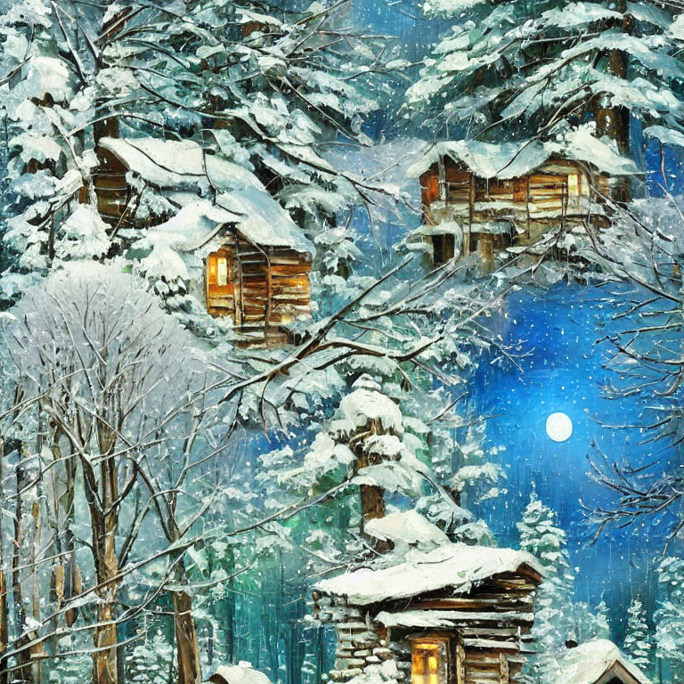 Rustic cabins in wintry forest with soft glowing light