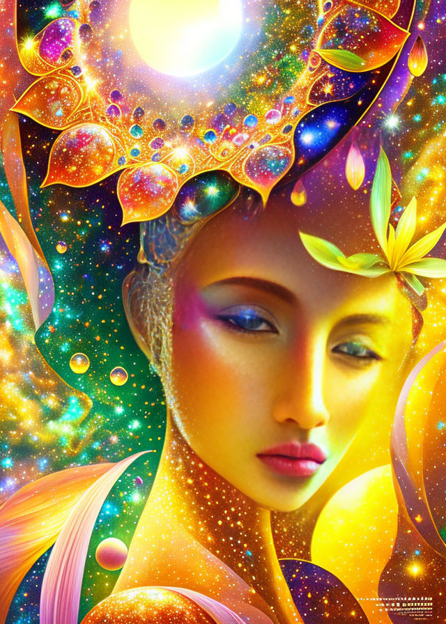 Cosmic-themed digital artwork of a woman with golden skin and decorative headdress