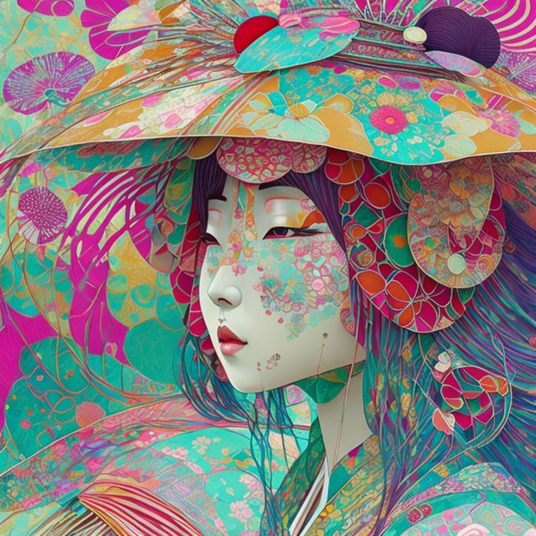 Vibrant digital artwork of a woman with Asian features and floral patterns