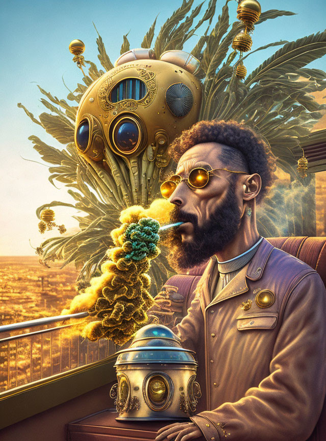 Steampunk-themed man on balcony with robotic bees and cityscape.