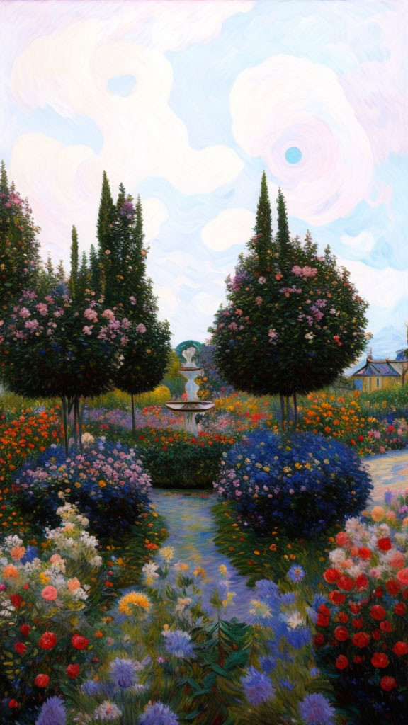 Colorful Garden Painting with Trees, Flowers, Path, and Sculpture