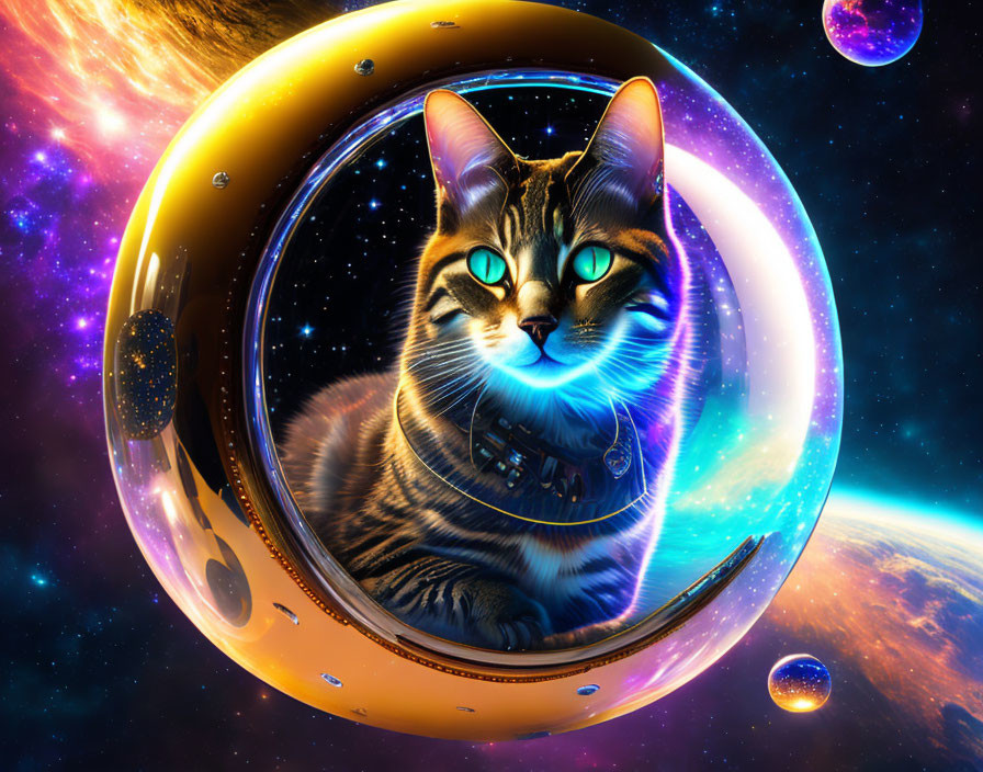 Futuristic cat in space helmet with cosmic scenery