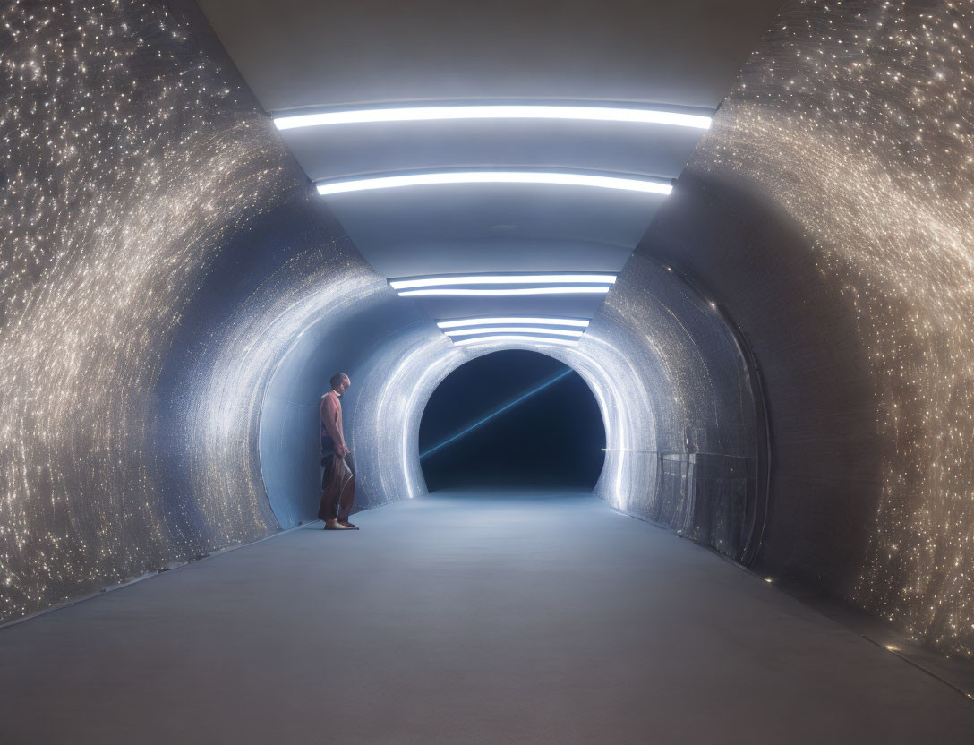 Futuristic tunnel with twinkling lights and glowing bands