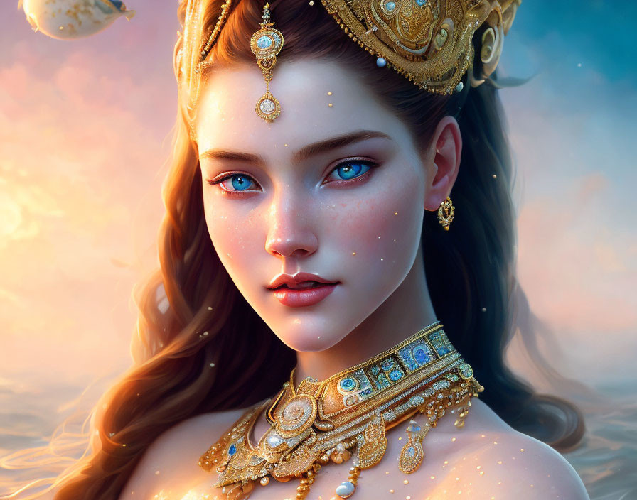 Digital Artwork: Young Woman with Blue Eyes, Golden Jewelry, Crown