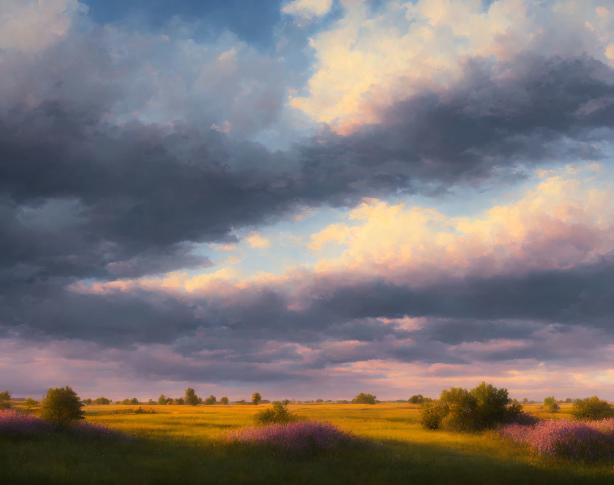 Tranquil sunset landscape with purple wildflowers, golden grass, trees, and dramatic sky