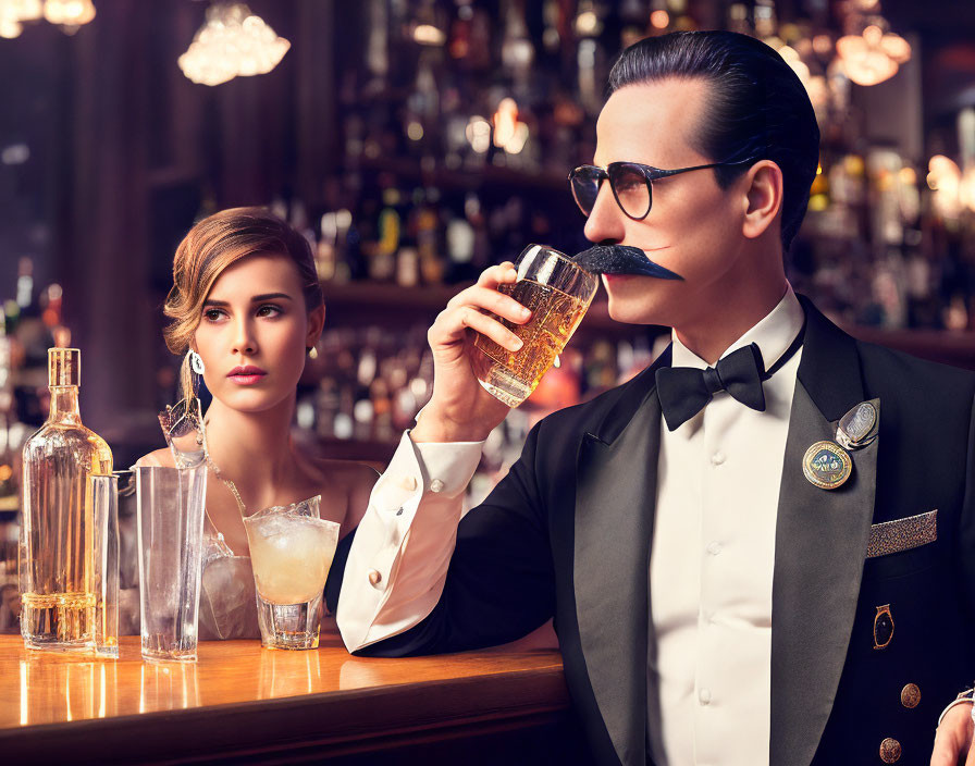 Man in tuxedo sips drink next to woman in elegant bar setting