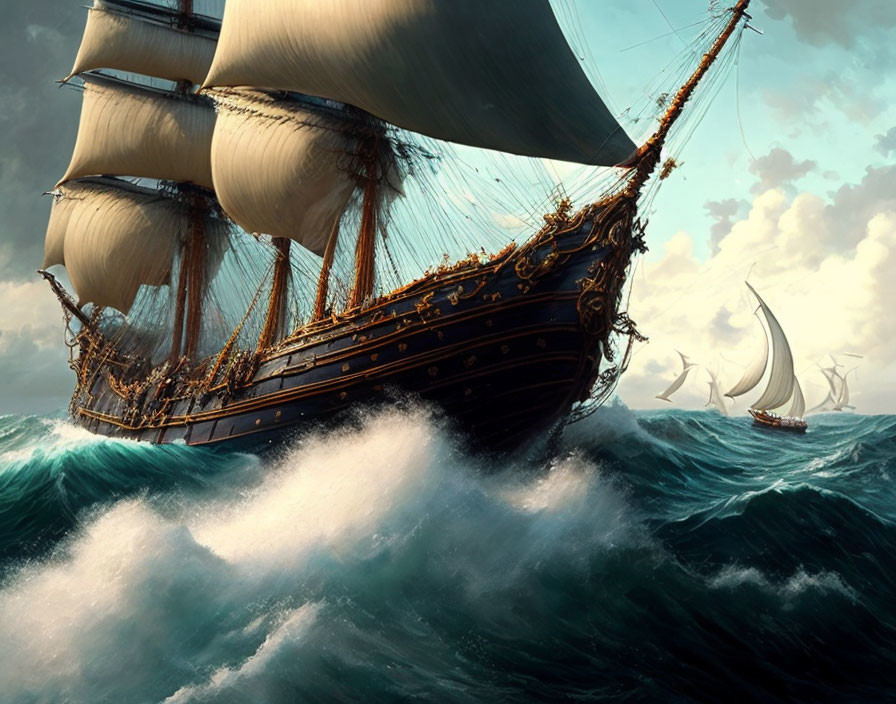 Sailing ship with billowing sails on tumultuous ocean waves