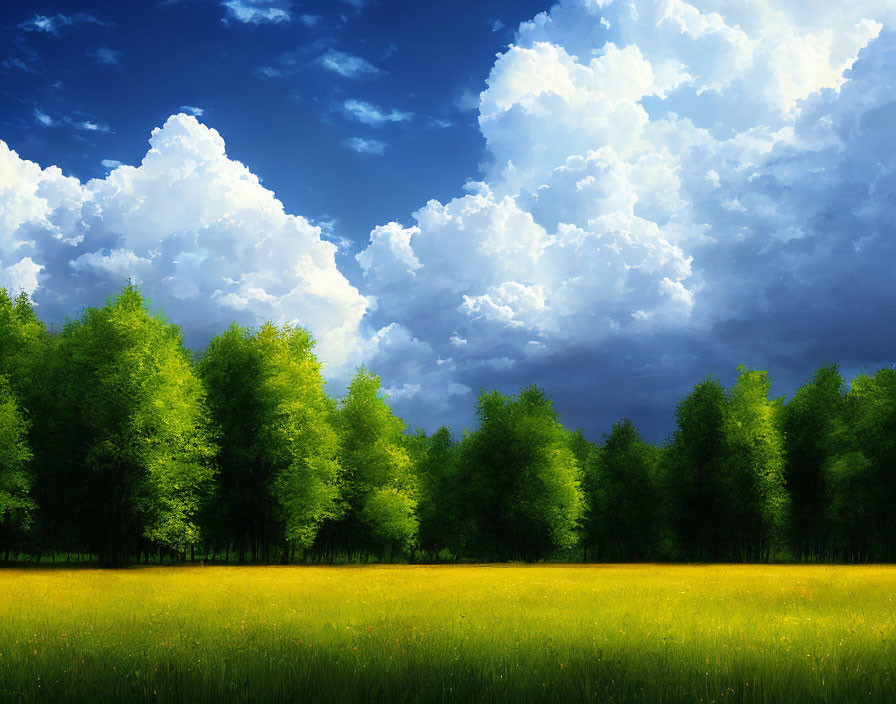 Vibrant blue sky over lush meadow with green trees