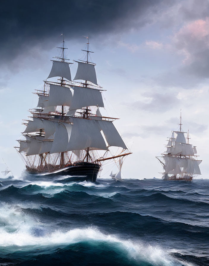 Tall ships with full sails on choppy seas under dramatic sky