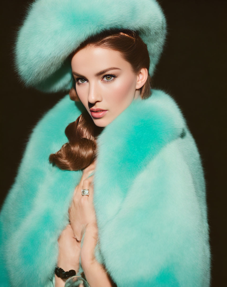 Styled woman in turquoise fur hat and coat against dark background