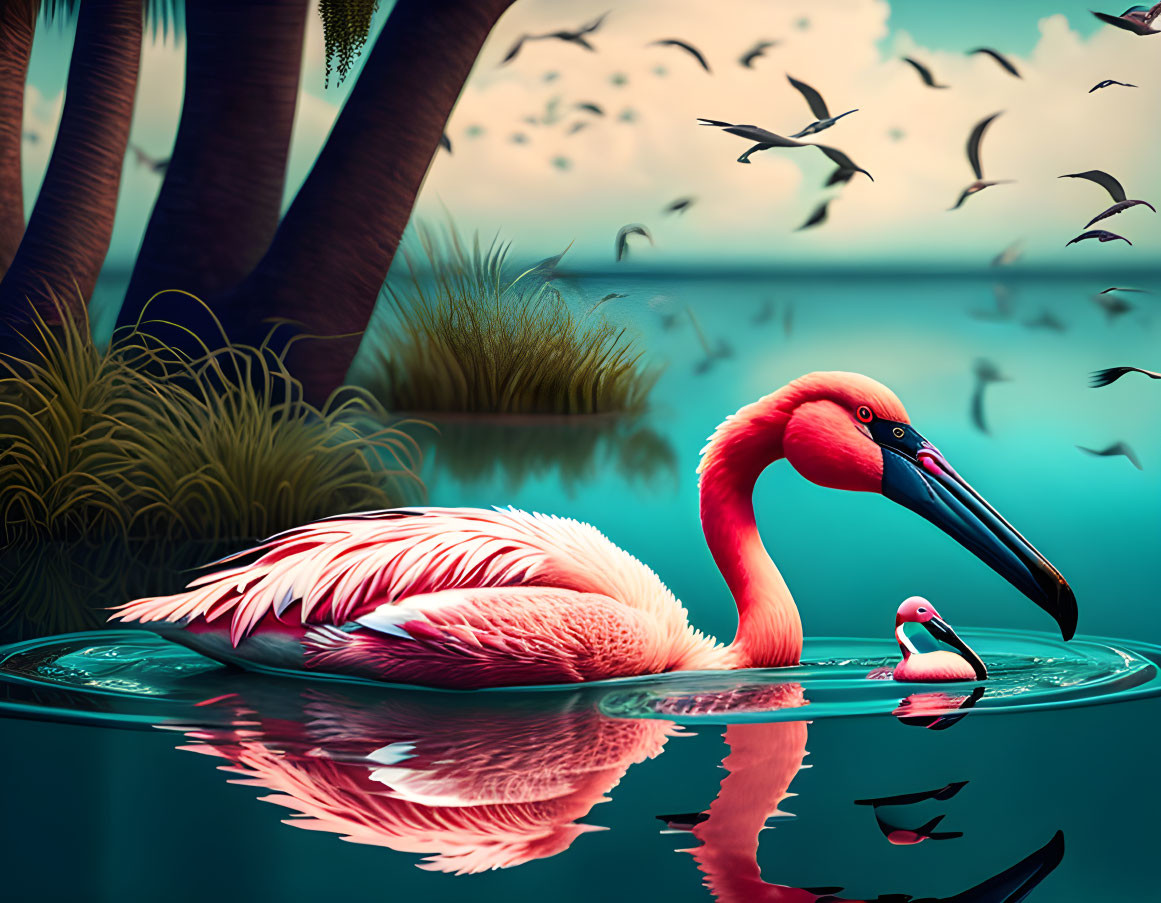 Digital artwork: Pink flamingo on water with reflection, serene nature backdrop