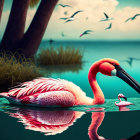 Digital artwork: Pink flamingo on water with reflection, serene nature backdrop
