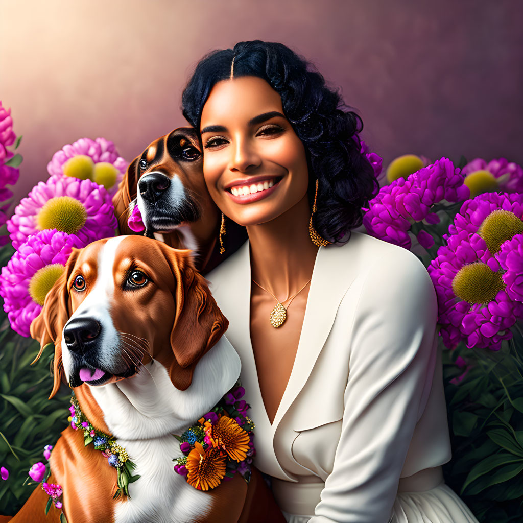 Smiling woman with vibrant flowers and two beagles in floral necklaces