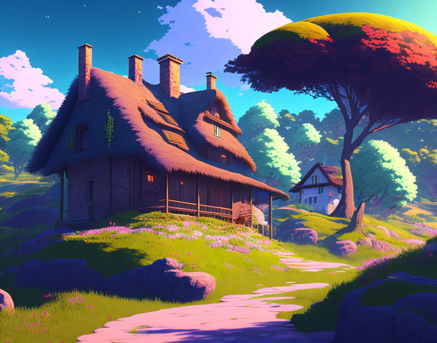 Illustration of quaint thatched-roof cottage in lush landscape