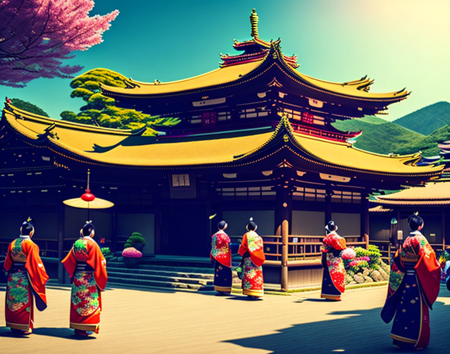 Traditional Japanese kimonos at vibrant temple with cherry blossoms