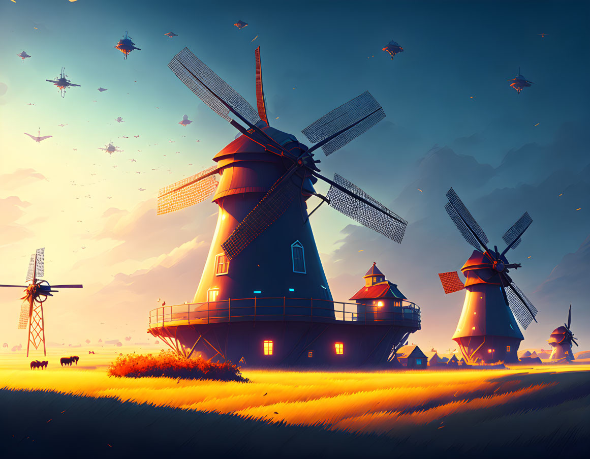 Stylized image of three glowing windmills in amber field at dawn or dusk