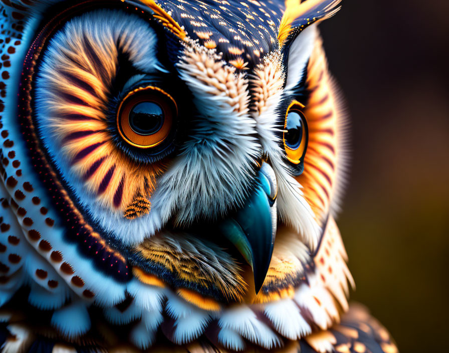 Vividly colored owl with captivating orange eyes and intricate feather patterns