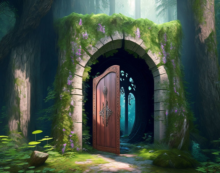 Ornate Wooden Door Ajar in Enchanted Forest with Ethereal Light