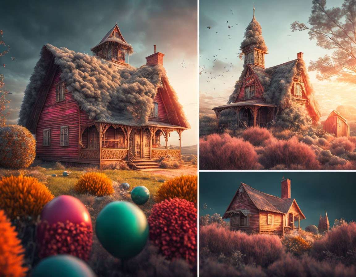 Whimsical fairytale wooden house with colorful spheres and lush greenery