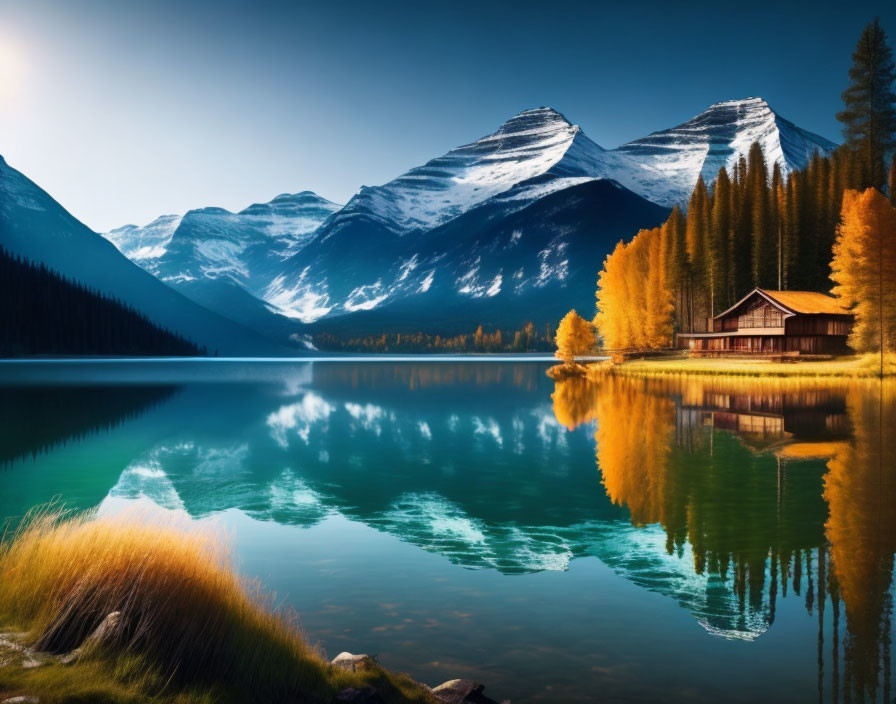 Tranquil lake with snow-capped mountains, cabin, autumn trees