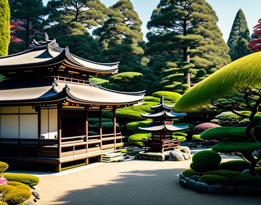 Serene Japanese garden with pagoda and wooden building