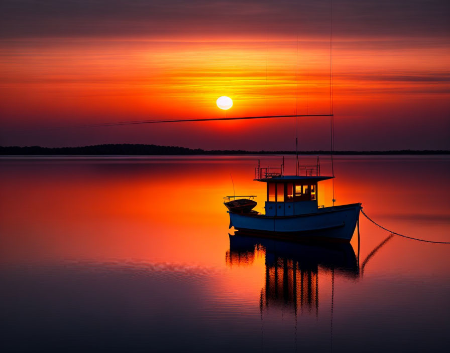 Tranquil sunset over calm lake with boat - serene orange sky