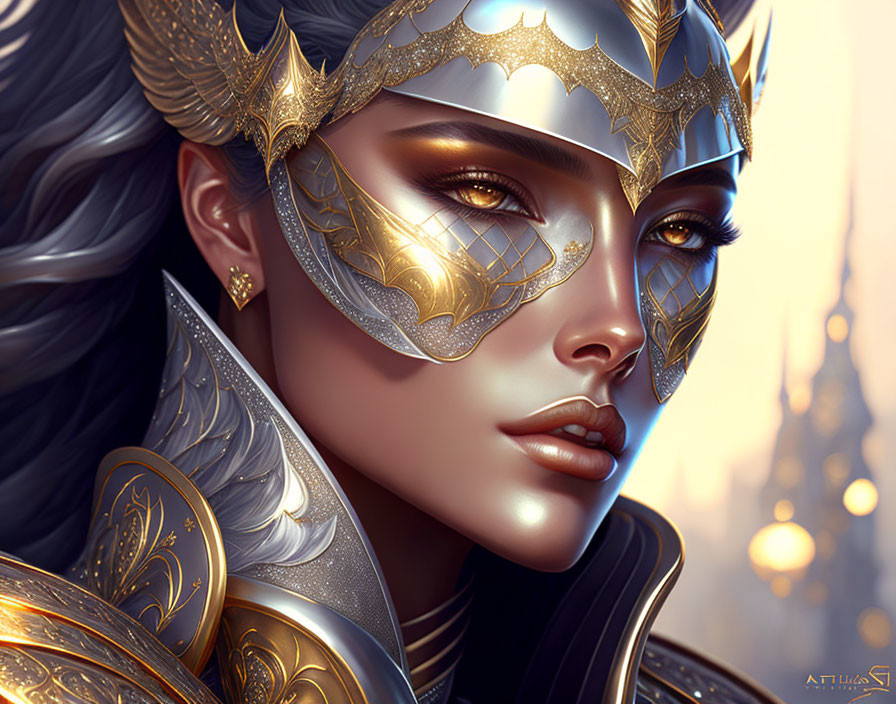 Elaborate golden armor and decorative mask on woman in digital art portrait