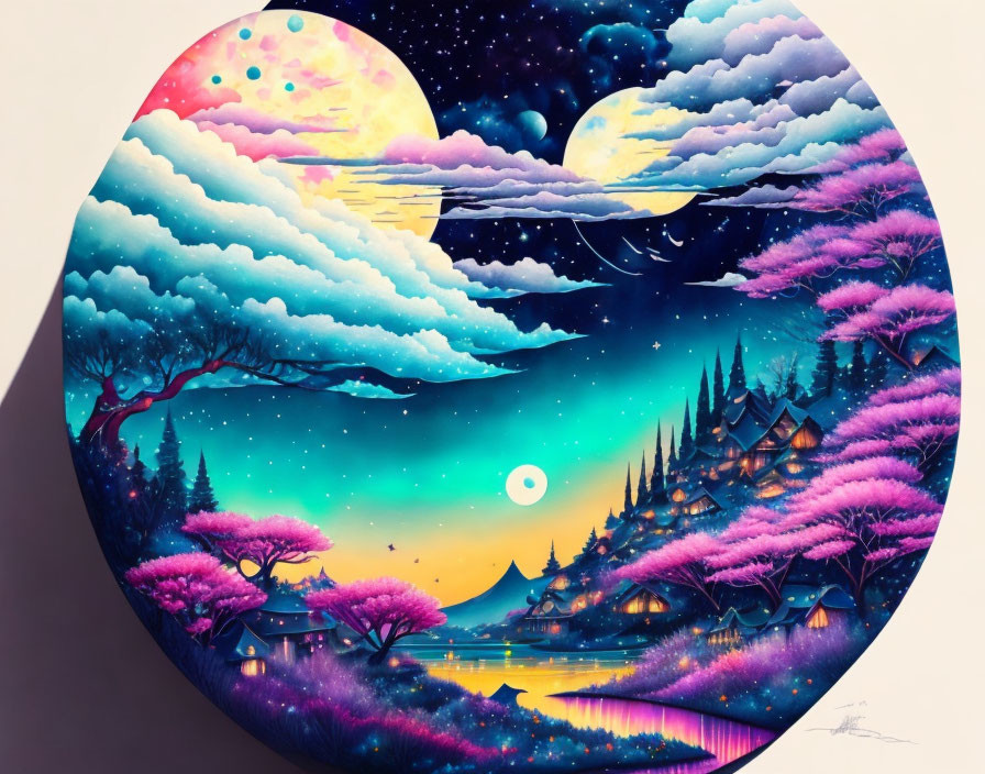 Colorful Circular Fantasy Landscape with Purple Trees and Starry Sky