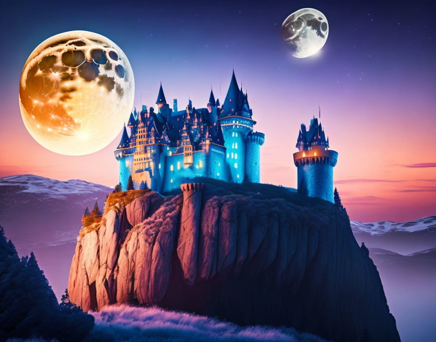 Fantastical castle on cliff under twilight sky with two moons