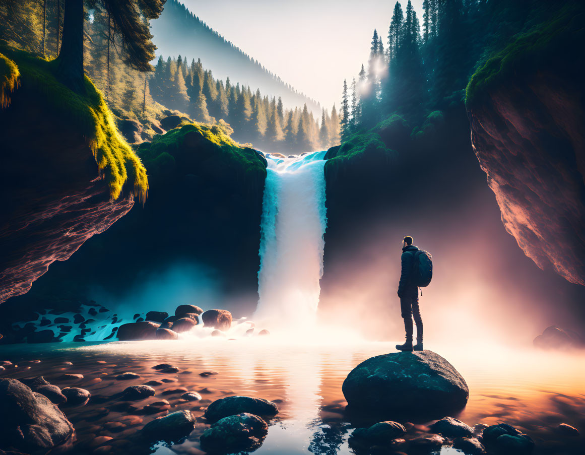 Person standing on river rock, gazing at majestic forest waterfall