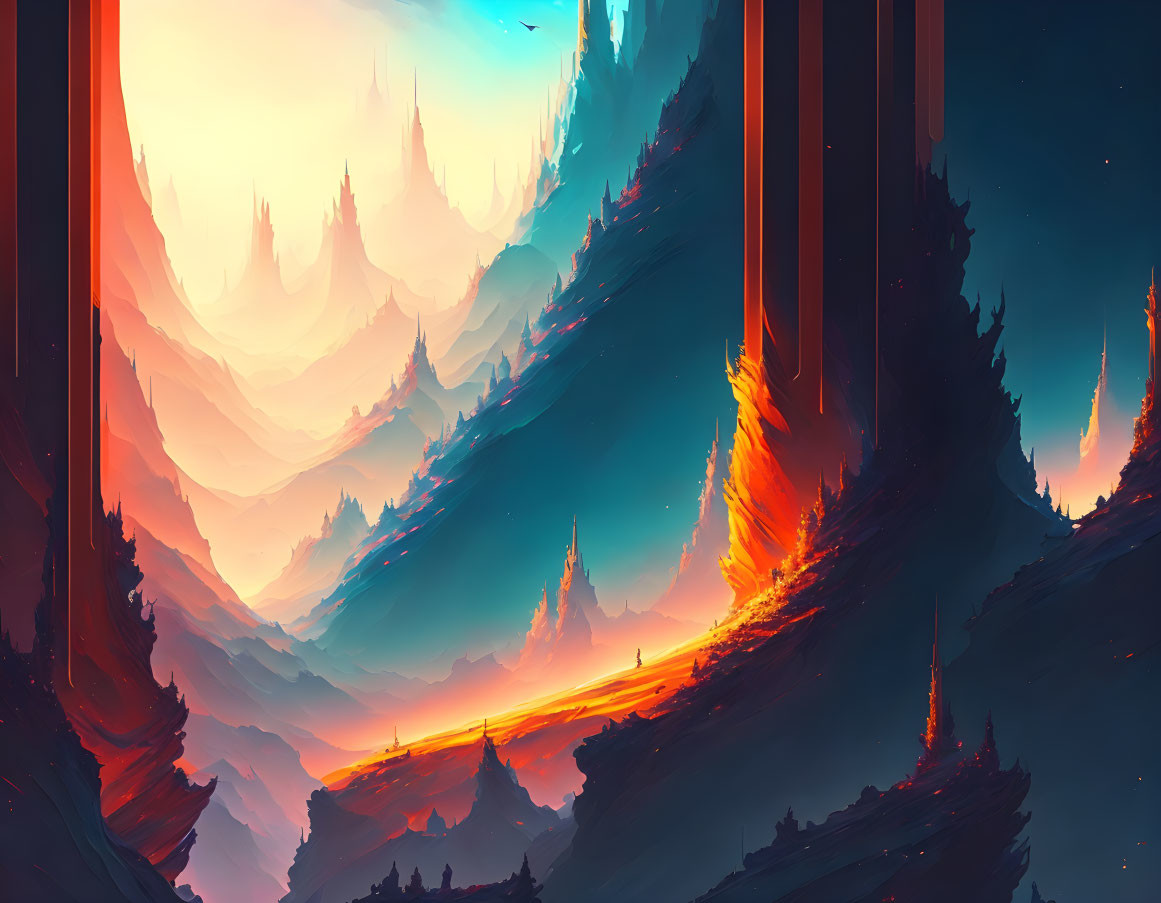 Fantasy landscape digital illustration with mountains and solitary figure